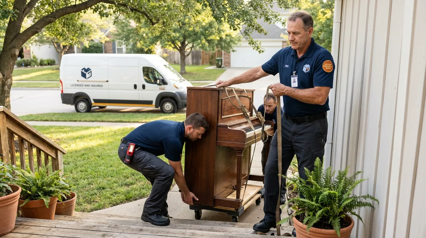 Licensed piano movers securing grand piano in Keyes, CA