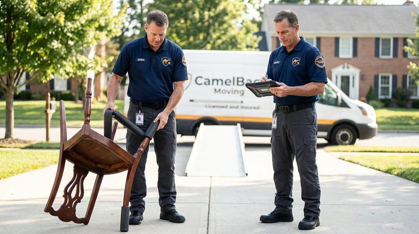 Movers inspecting furniture for damage prevention before loading in Keyes, CA