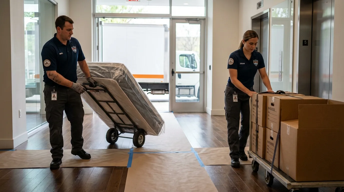 Professional apartment movers loading elevator in Keyes, CA