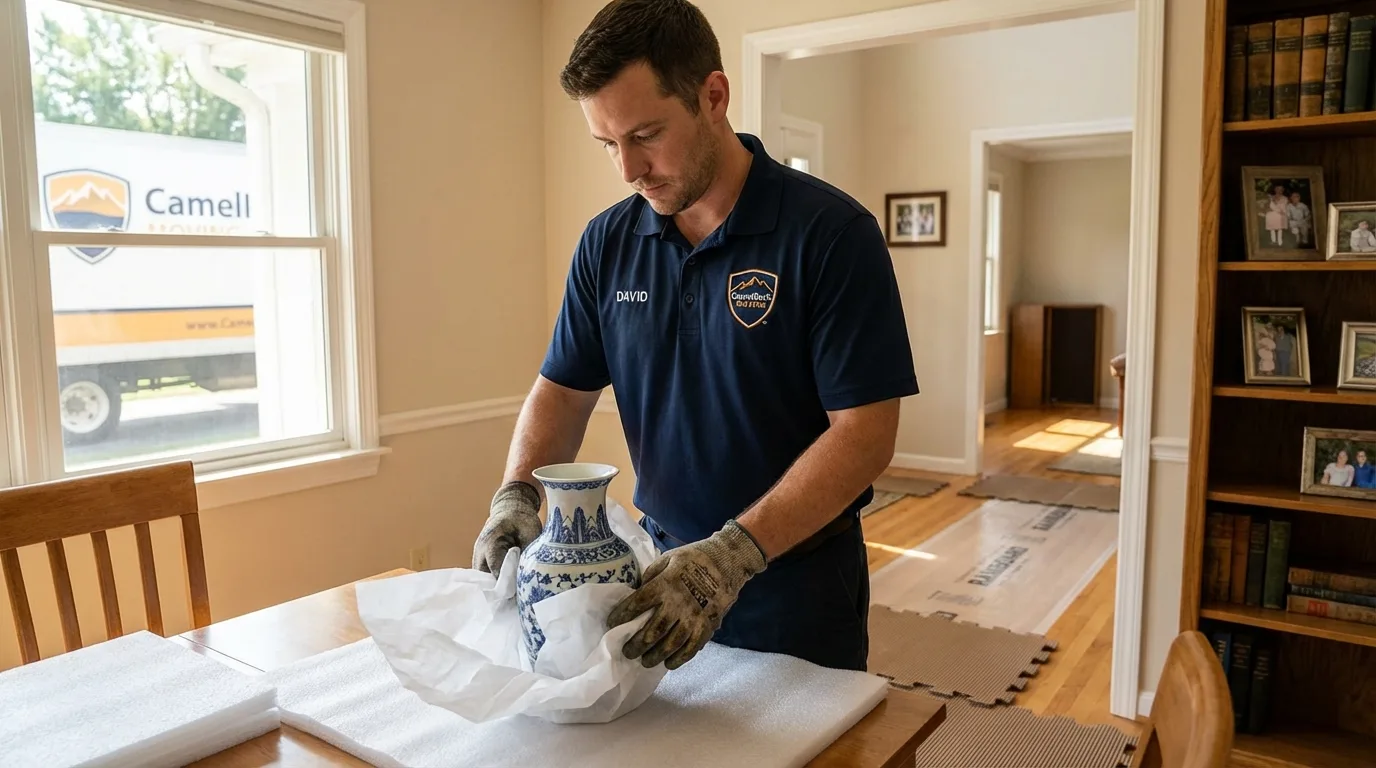 Professional crew carefully wrapping antique vase for senior downsizing move in Keyes, CA